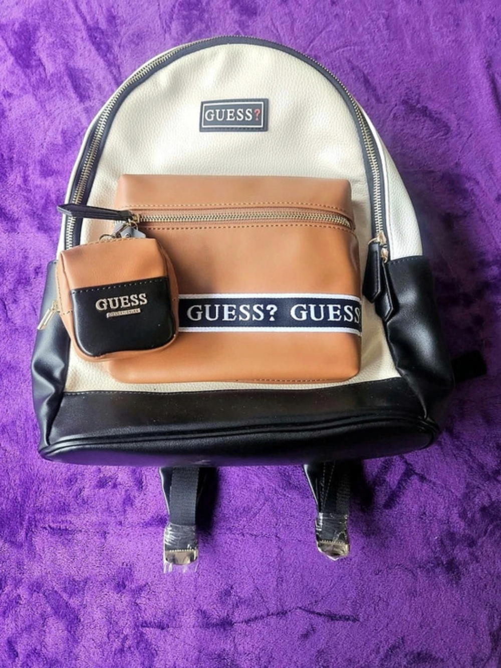 GUESS Faux Leather Color Block Backpack Black & Brown NWT